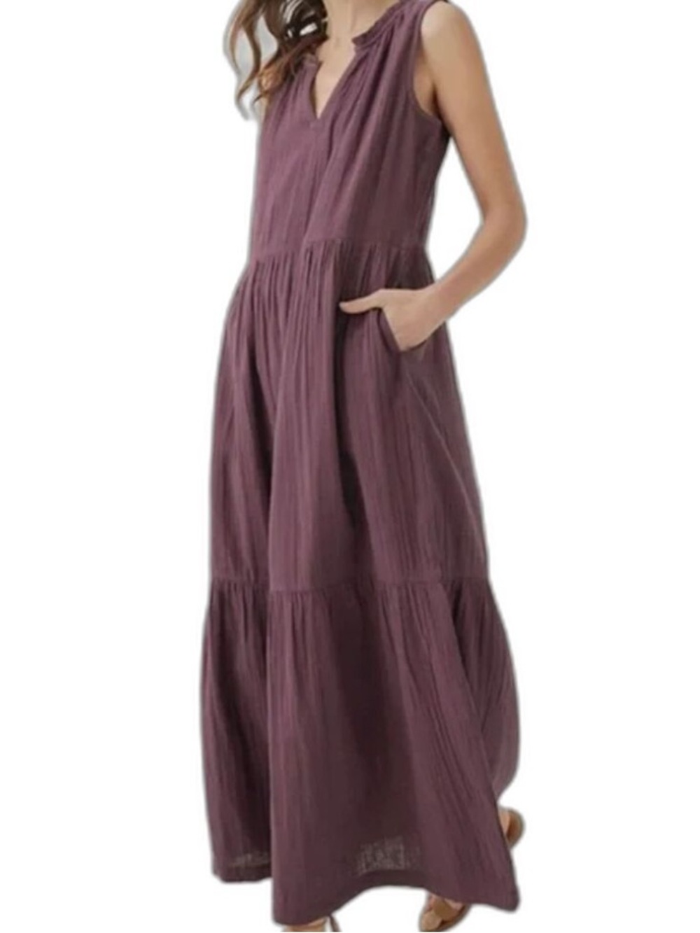 Pact Coastal Double Gauze Ruffle Maxi Dress Organic Cotton Plum Size XS